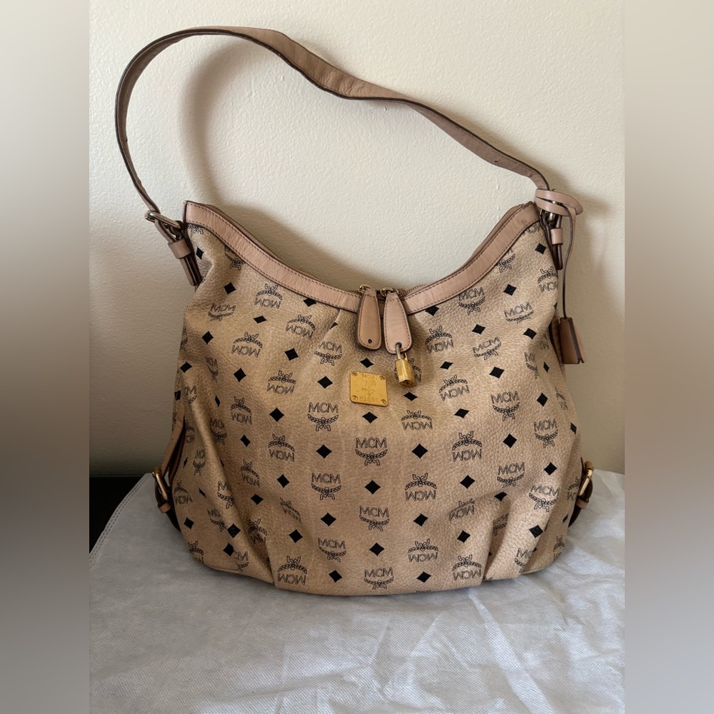 MCM Beige Logo Coated Canvas Hobo with Tan Leather Trim
